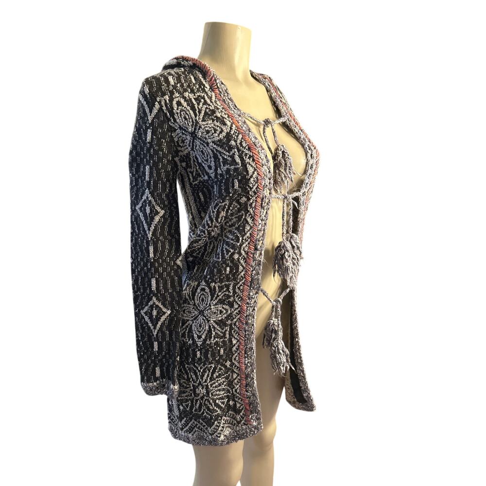 XS Free People Kai Tassel Pom Pom Tapestry Hooded Long Cardigan Duster Sweater